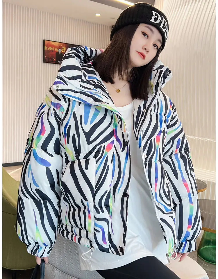 2026 Winter New Print Cotton Jacket Women Streetwear Female Warm Parkas Hooded Down cotton Coat Korea Loose Short Bread Outwear