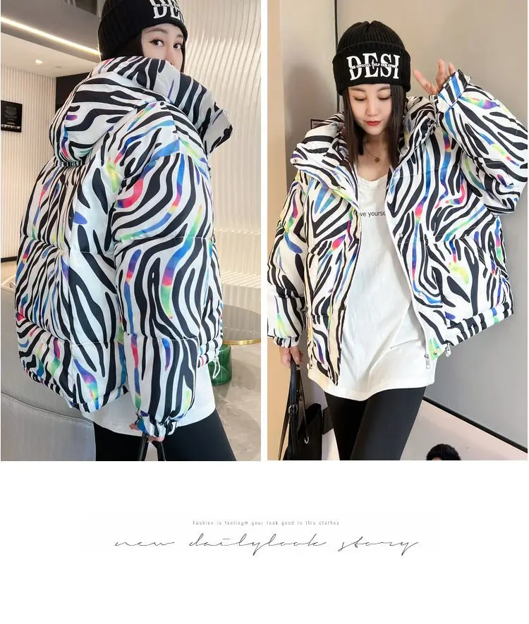 2026 Winter New Print Cotton Jacket Women Streetwear Female Warm Parkas Hooded Down cotton Coat Korea Loose Short Bread Outwear