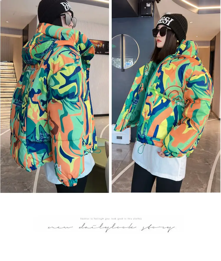 2026 Winter New Print Cotton Jacket Women Streetwear Female Warm Parkas Hooded Down cotton Coat Korea Loose Short Bread Outwear