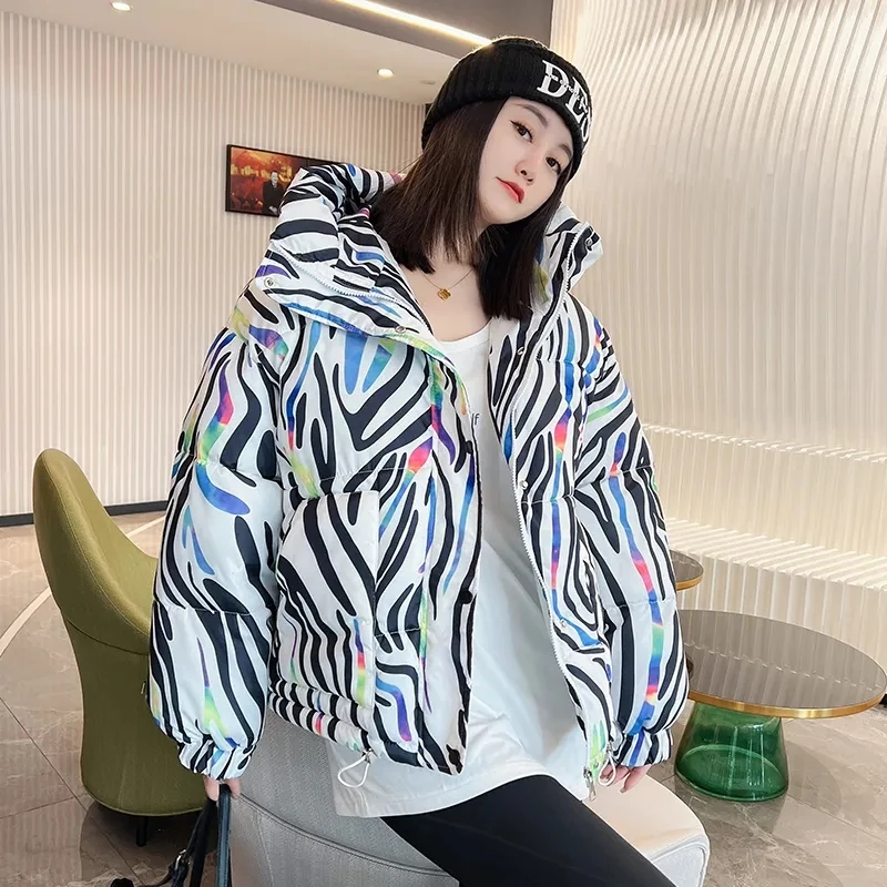 2026 Winter New Print Cotton Jacket Women Streetwear Female Warm Parkas Hooded Down cotton Coat Korea Loose Short Bread Outwear