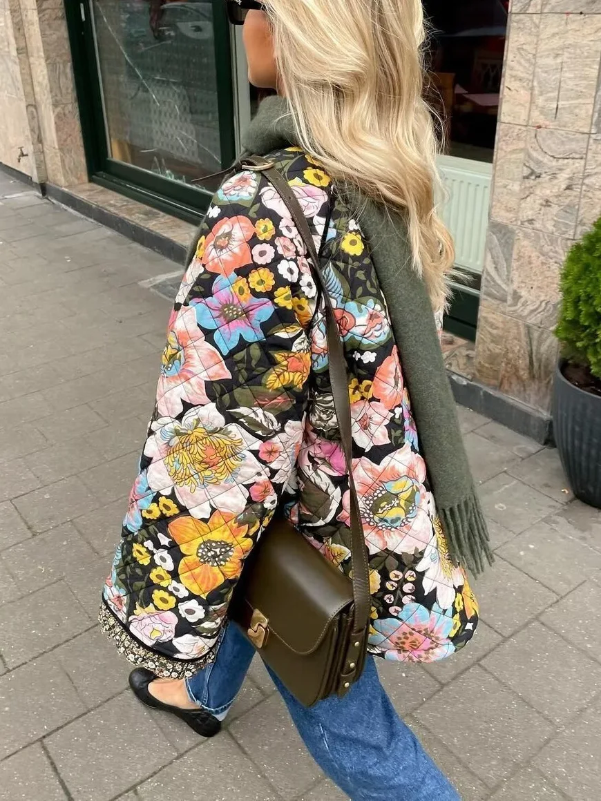 Autumn/winter Fashion Printed Imitation Cashmere Cotton-padded Clothes, Casual Flared Sleeves Loose Cotton-padded Clothes Women