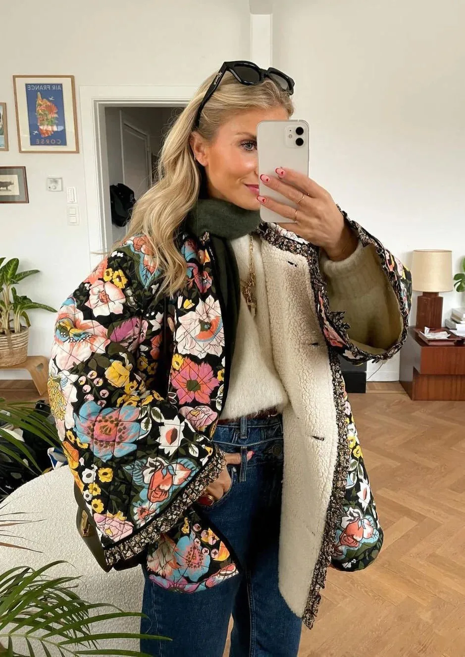 Autumn/winter Fashion Printed Imitation Cashmere Cotton-padded Clothes, Casual Flared Sleeves Loose Cotton-padded Clothes Women