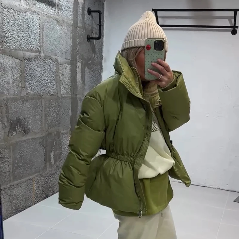 Thicken Cotton Jackets Women High Neck Long Sleeves Slim Waist Zipper Loose Coats Female 2026 Winter New Chic Solid Warm Outwear