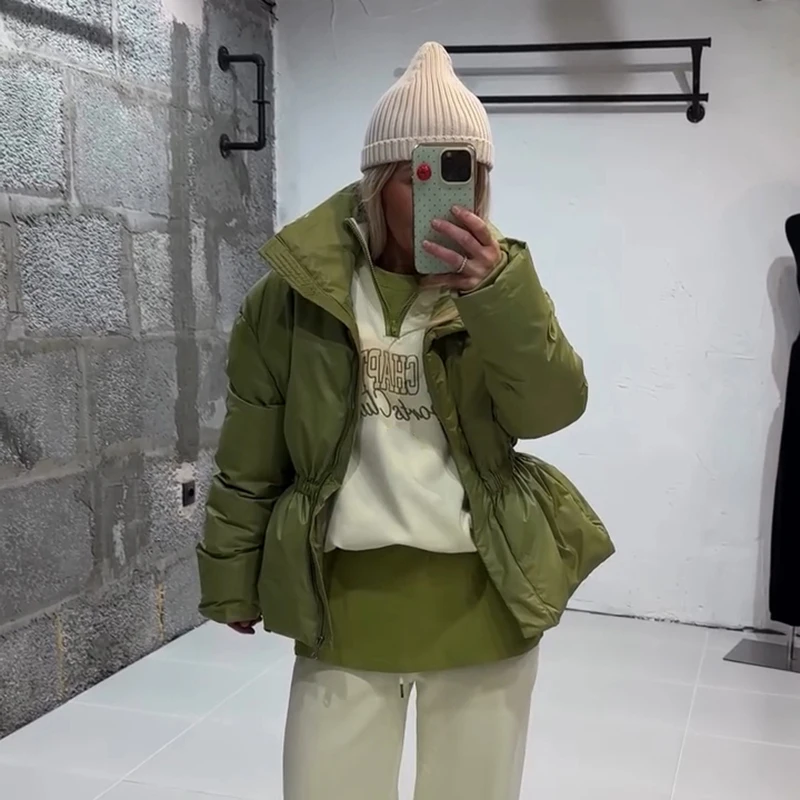Thicken Cotton Jackets Women High Neck Long Sleeves Slim Waist Zipper Loose Coats Female 2026 Winter New Chic Solid Warm Outwear