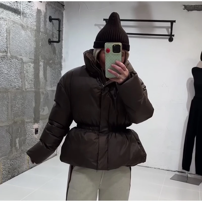 Thicken Cotton Jackets Women High Neck Long Sleeves Slim Waist Zipper Loose Coats Female 2026 Winter New Chic Solid Warm Outwear