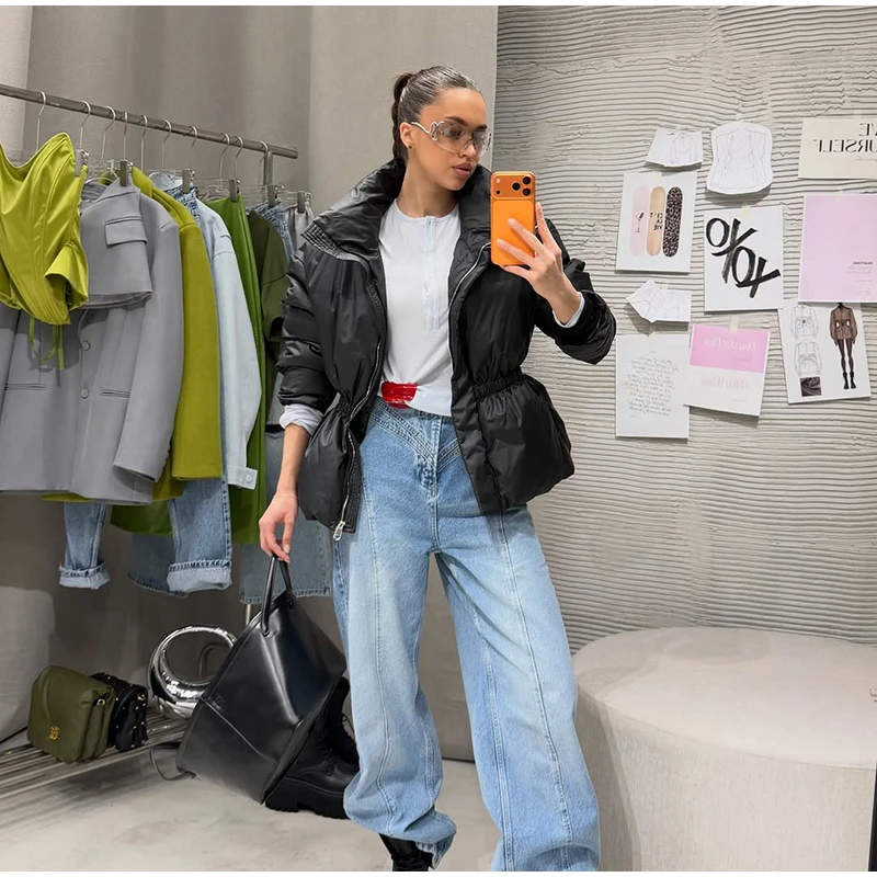 Thicken Cotton Jackets Women High Neck Long Sleeves Slim Waist Zipper Loose Coats Female 2026 Winter New Chic Solid Warm Outwear