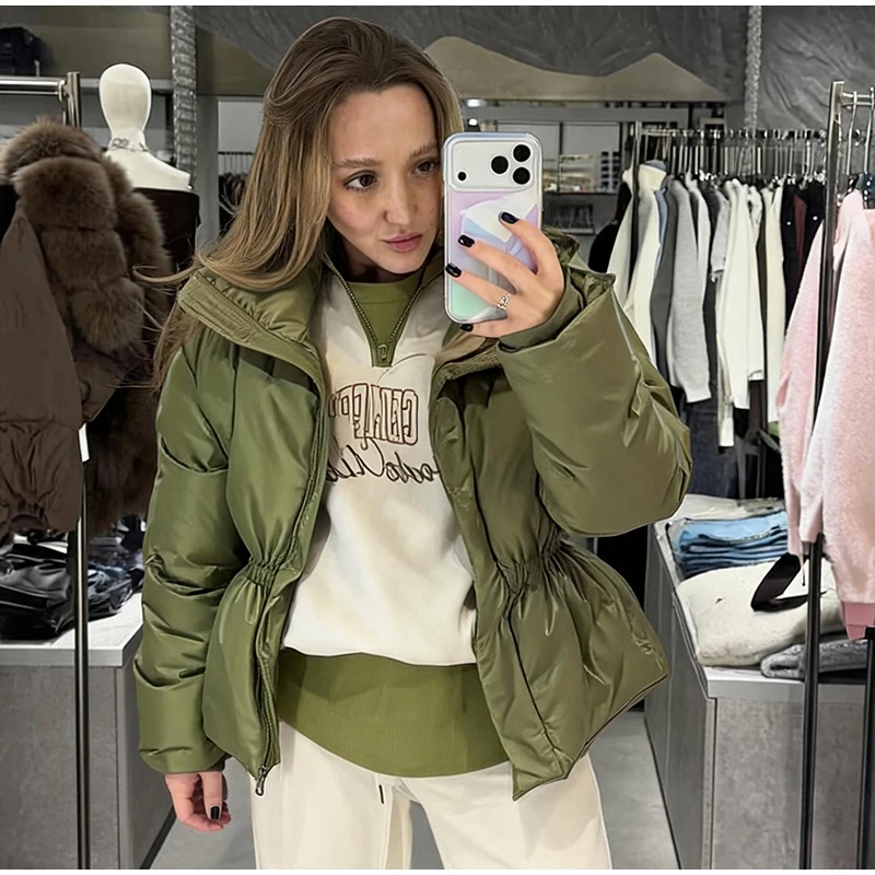 Thicken Cotton Jackets Women High Neck Long Sleeves Slim Waist Zipper Loose Coats Female 2026 Winter New Chic Solid Warm Outwear