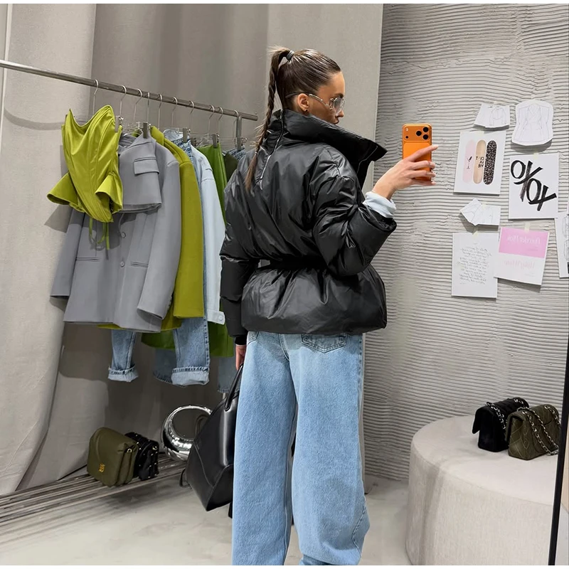 Thicken Cotton Jackets Women High Neck Long Sleeves Slim Waist Zipper Loose Coats Female 2026 Winter New Chic Solid Warm Outwear