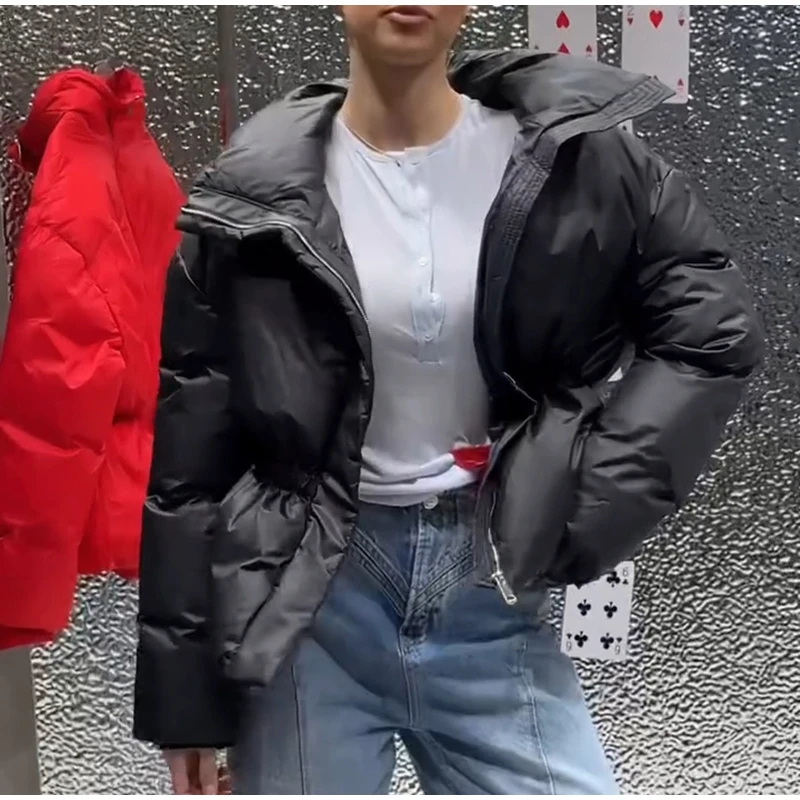 Thicken Cotton Jackets Women High Neck Long Sleeves Slim Waist Zipper Loose Coats Female 2026 Winter New Chic Solid Warm Outwear