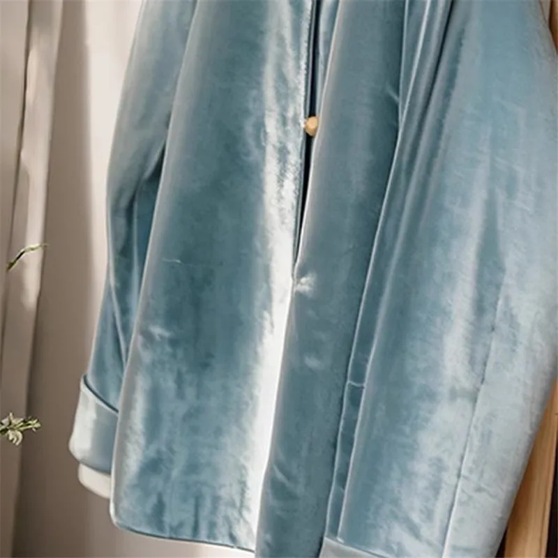 Limiguyue Chinese Style Frog Button Blue Velvet Quilted Coat Women Long Sleeve Autumn Winter Jackets Warmful Soft Outwears T263
