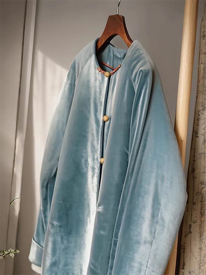 Limiguyue Chinese Style Frog Button Blue Velvet Quilted Coat Women Long Sleeve Autumn Winter Jackets Warmful Soft Outwears T263