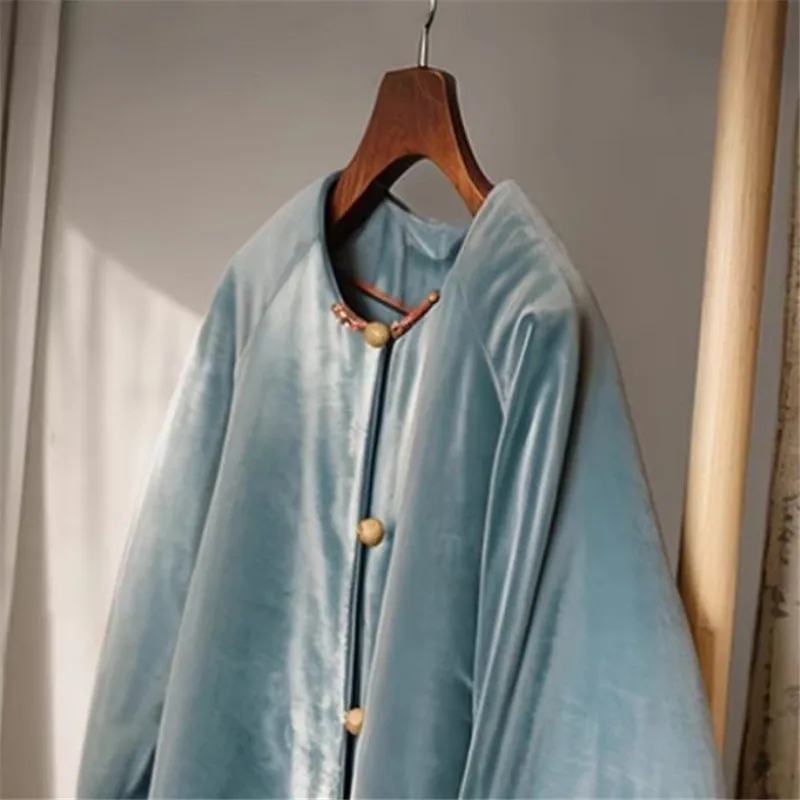 Limiguyue Chinese Style Frog Button Blue Velvet Quilted Coat Women Long Sleeve Autumn Winter Jackets Warmful Soft Outwears T263