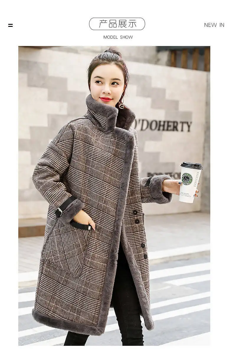 2026 Autumn Winter New Plaid Cotton Jacket Women's Fashion Warm Temperament Polo Collar Wool Coat Female Long Parkas Overcoat