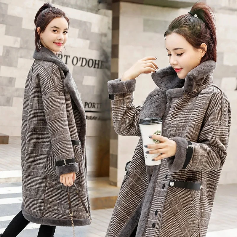 2026 Autumn Winter New Plaid Cotton Jacket Women's Fashion Warm Temperament Polo Collar Wool Coat Female Long Parkas Overcoat