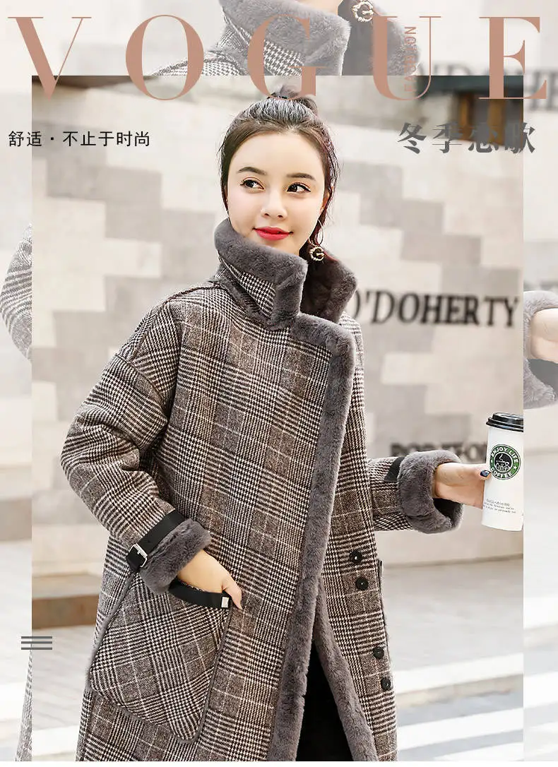 2026 Autumn Winter New Plaid Cotton Jacket Women's Fashion Warm Temperament Polo Collar Wool Coat Female Long Parkas Overcoat