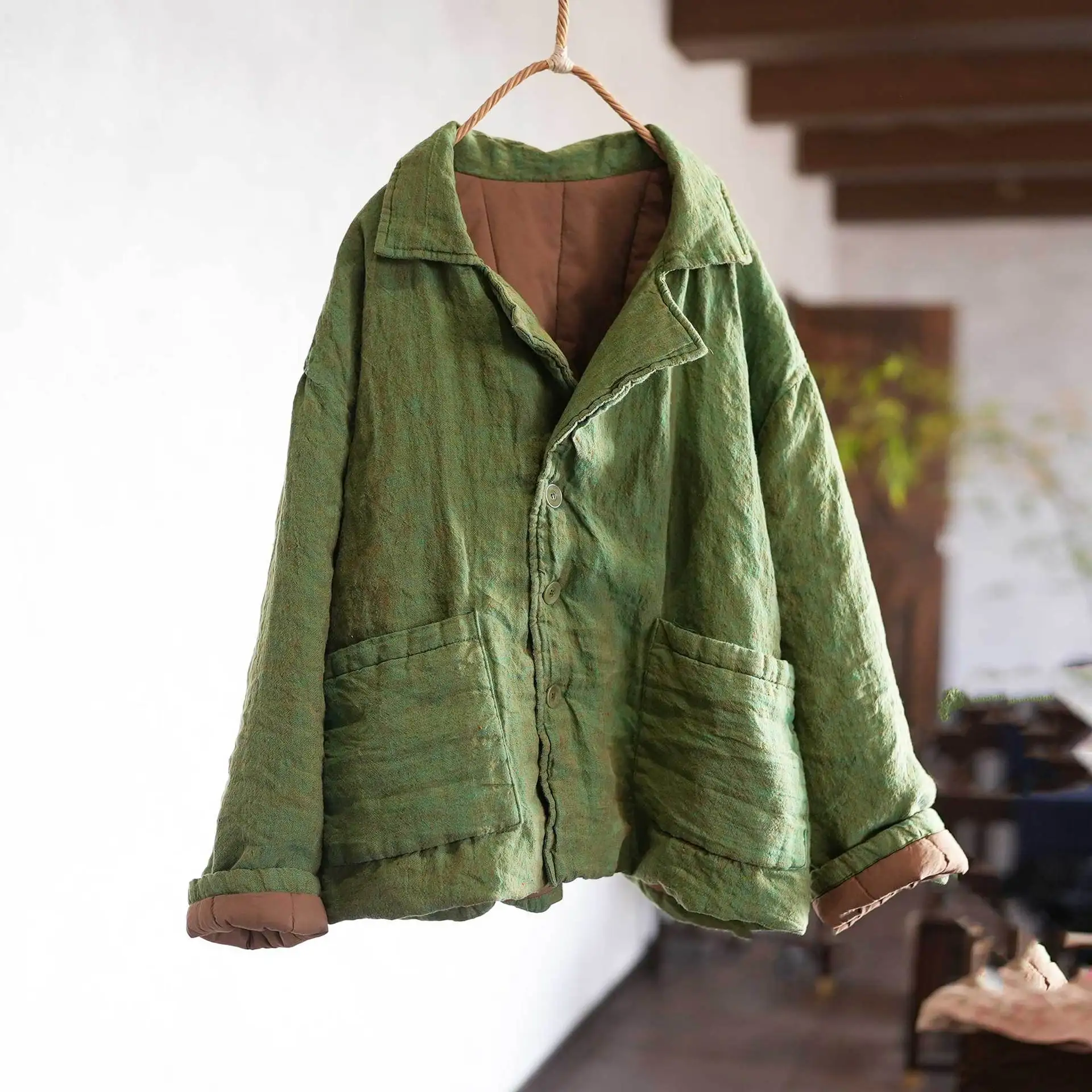 Johnature Women Vintage Linen Parkas Turn-down Collar Long Sleeve Coats 2026 Spring Chinese Style Button Pockets Female Parkas