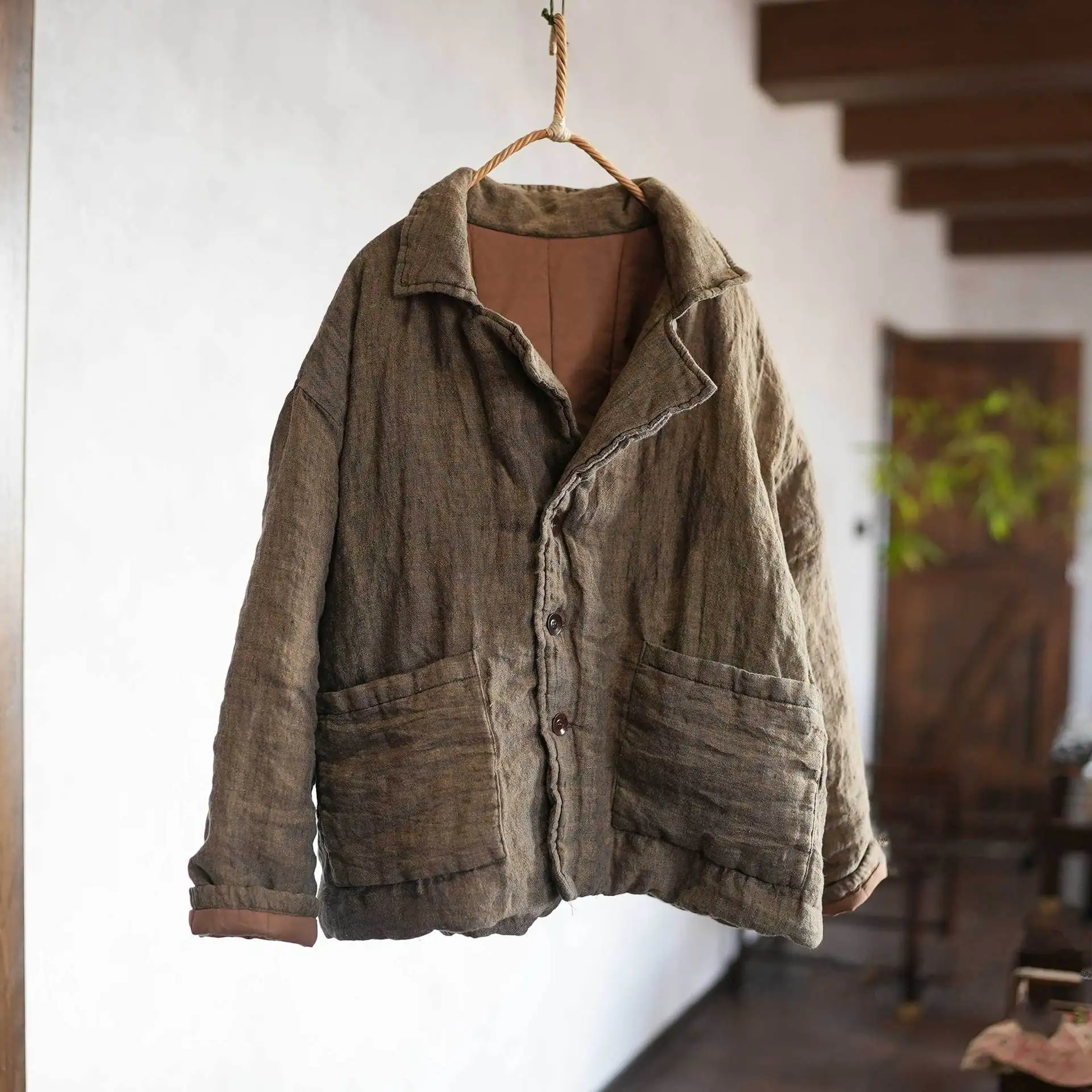 Johnature Women Vintage Linen Parkas Turn-down Collar Long Sleeve Coats 2026 Spring Chinese Style Button Pockets Female Parkas