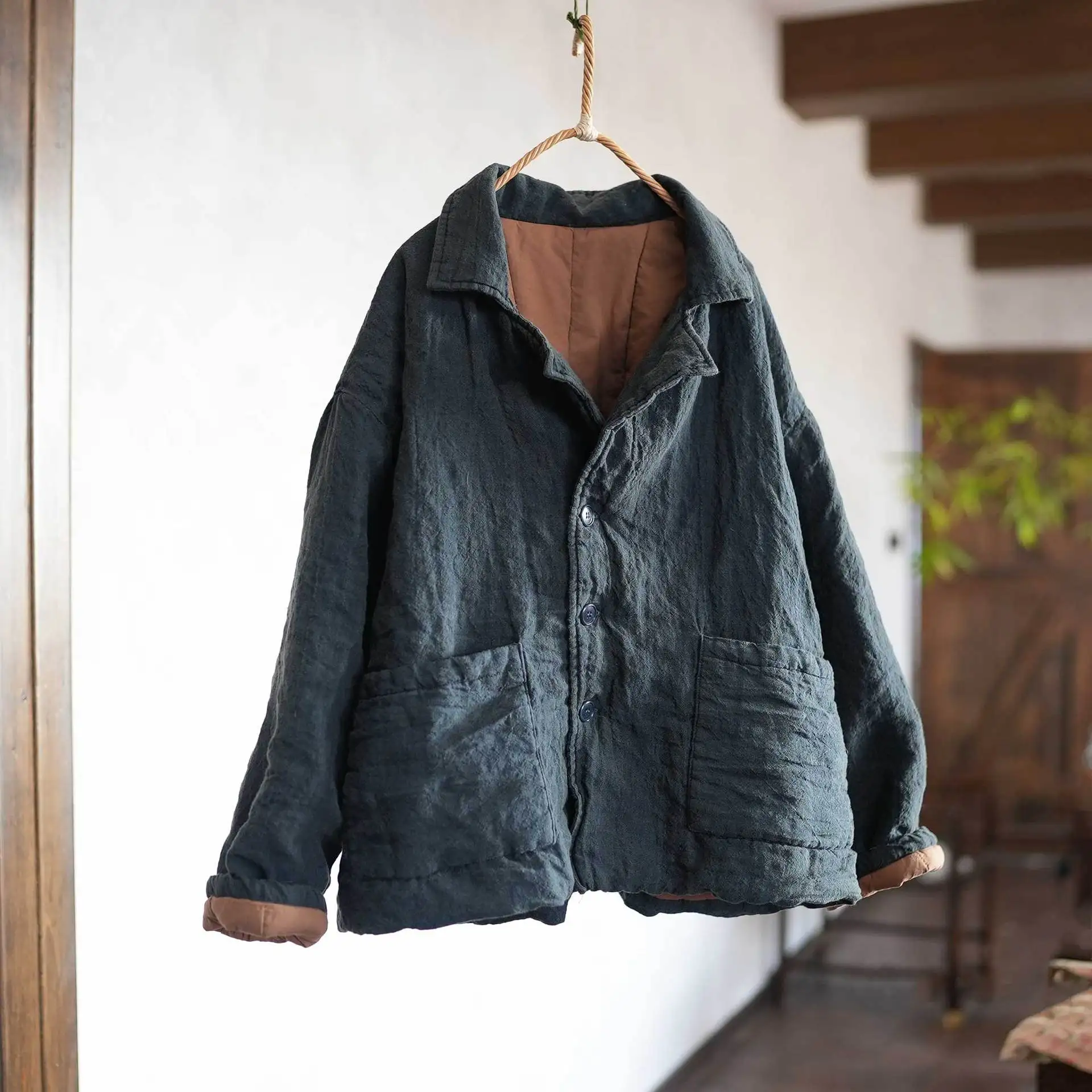 Johnature Women Vintage Linen Parkas Turn-down Collar Long Sleeve Coats 2026 Spring Chinese Style Button Pockets Female Parkas
