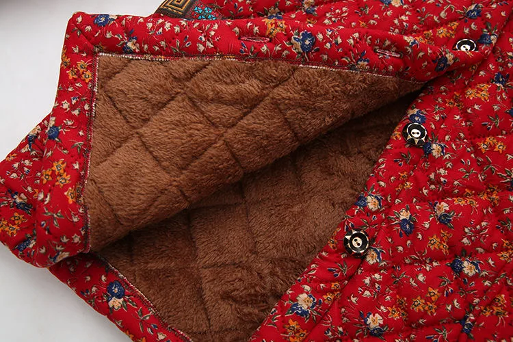 Chaquetas Para Mujeres New Hooded Middle Aged Mother Printed Cotton Jacket Thicken Velvet Warm Parkas Women Winter Coat 2XL-8XL