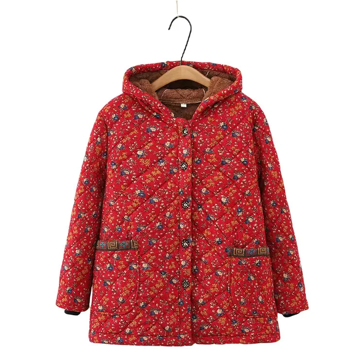 Chaquetas Para Mujeres New Hooded Middle Aged Mother Printed Cotton Jacket Thicken Velvet Warm Parkas Women Winter Coat 2XL-8XL