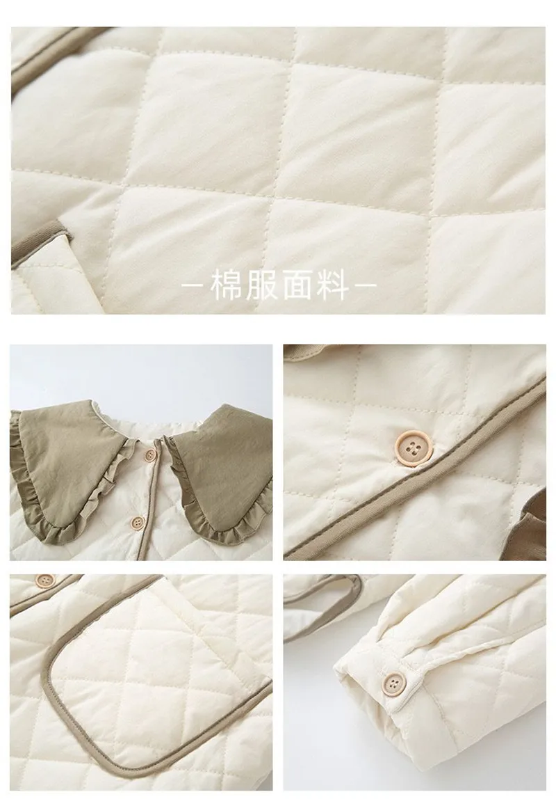 Splicing Doll Collar Women's Cotton Coat 2025 Autumn Winter New Foreign Female Rhombic Design Thick Jacket Warm Velvet Overcoat