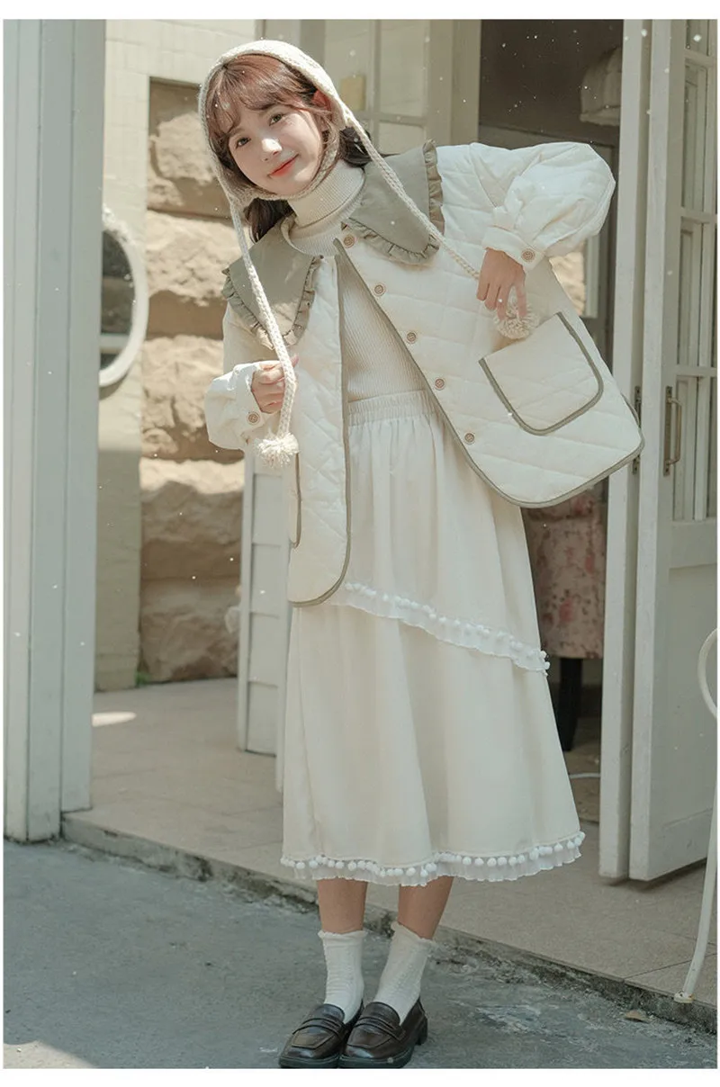 Splicing Doll Collar Women's Cotton Coat 2025 Autumn Winter New Foreign Female Rhombic Design Thick Jacket Warm Velvet Overcoat
