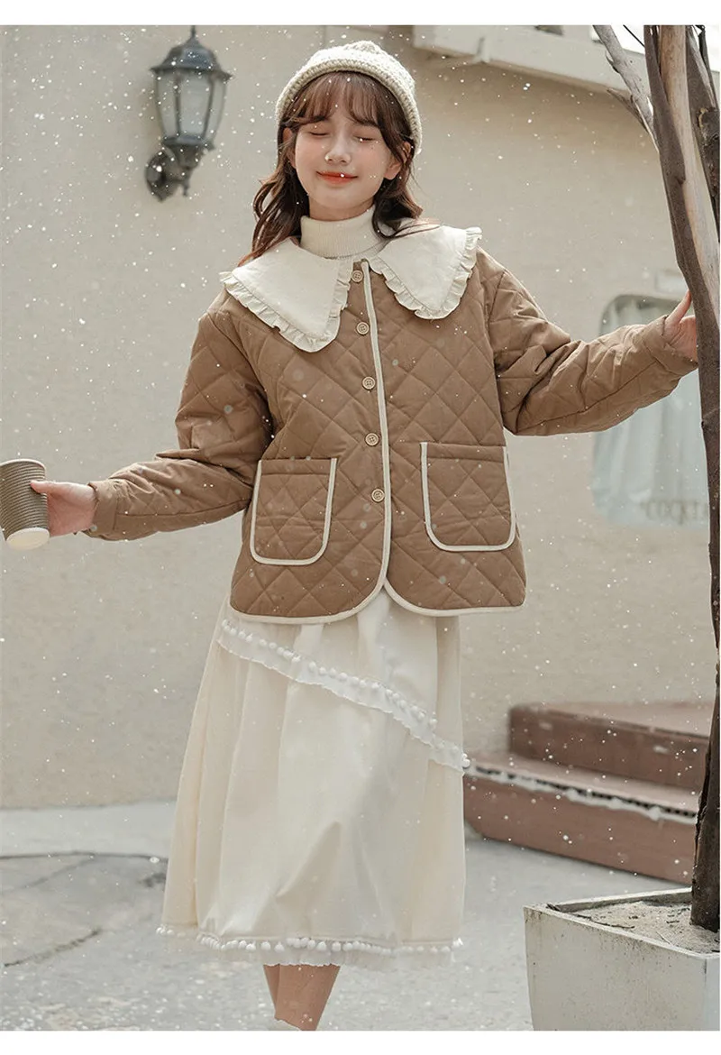 Splicing Doll Collar Women's Cotton Coat 2025 Autumn Winter New Foreign Female Rhombic Design Thick Jacket Warm Velvet Overcoat