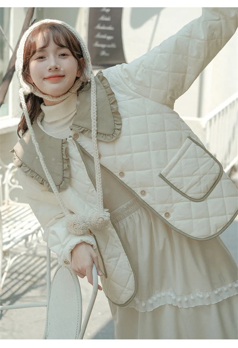 Splicing Doll Collar Women's Cotton Coat 2025 Autumn Winter New Foreign Female Rhombic Design Thick Jacket Warm Velvet Overcoat