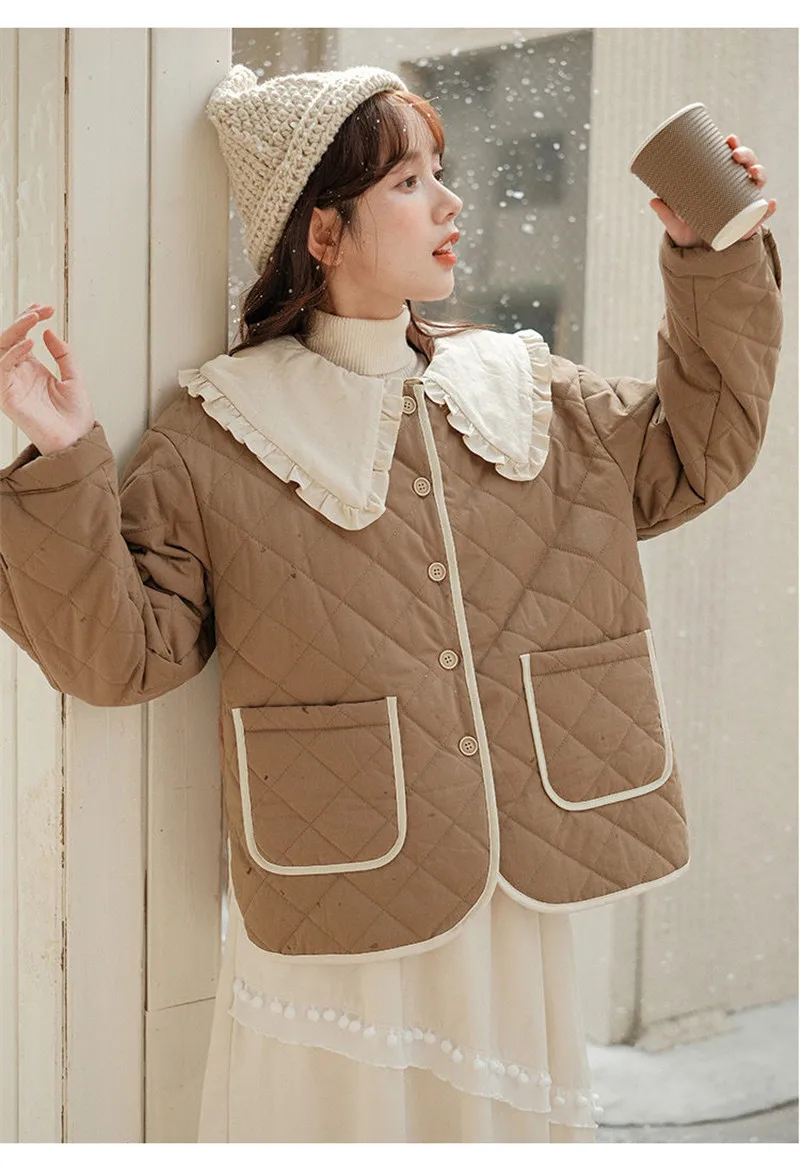 Splicing Doll Collar Women's Cotton Coat 2025 Autumn Winter New Foreign Female Rhombic Design Thick Jacket Warm Velvet Overcoat