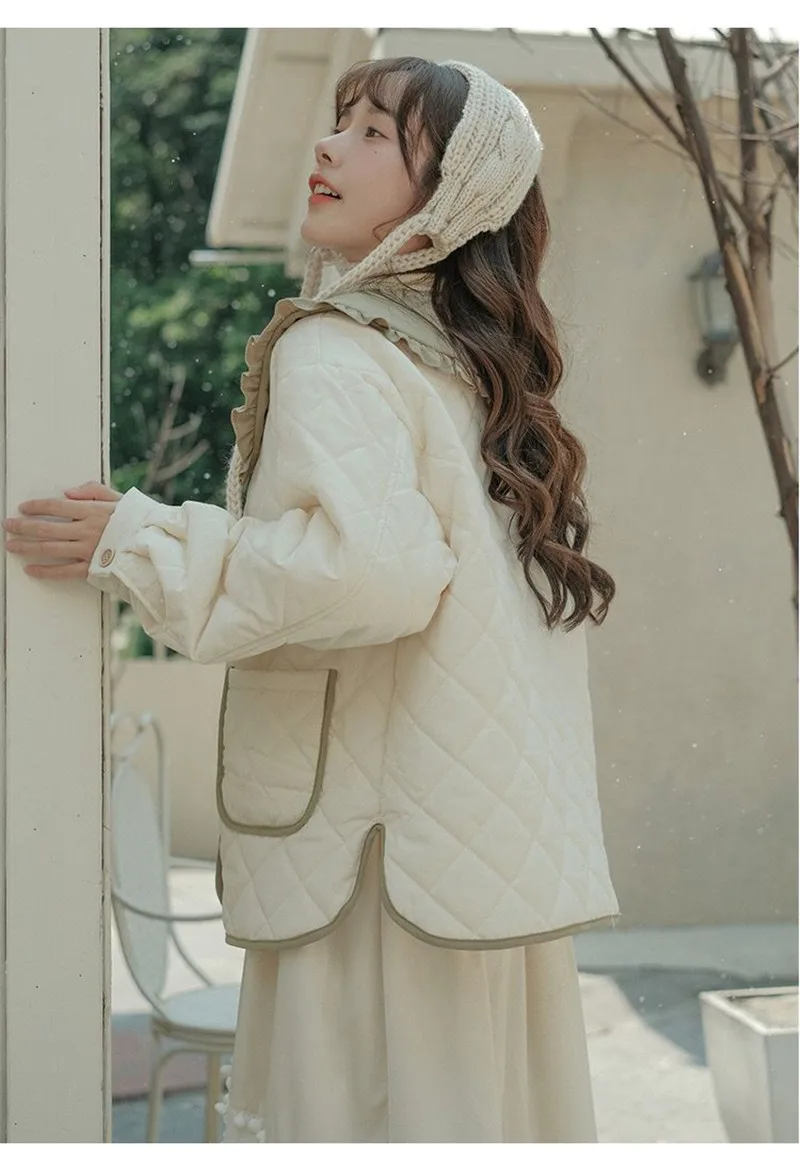 Splicing Doll Collar Women's Cotton Coat 2025 Autumn Winter New Foreign Female Rhombic Design Thick Jacket Warm Velvet Overcoat