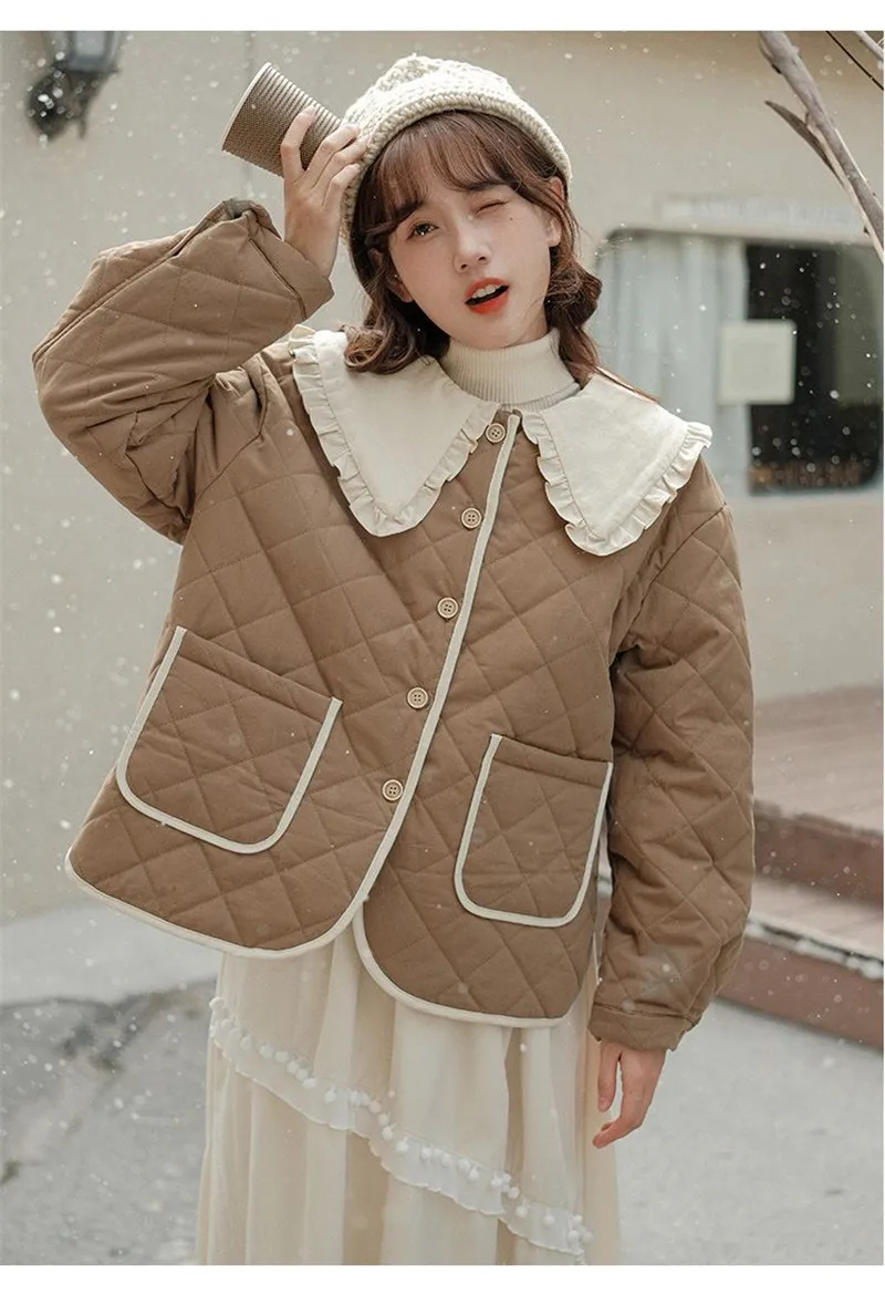 Splicing Doll Collar Women's Cotton Coat 2025 Autumn Winter New Foreign Female Rhombic Design Thick Jacket Warm Velvet Overcoat