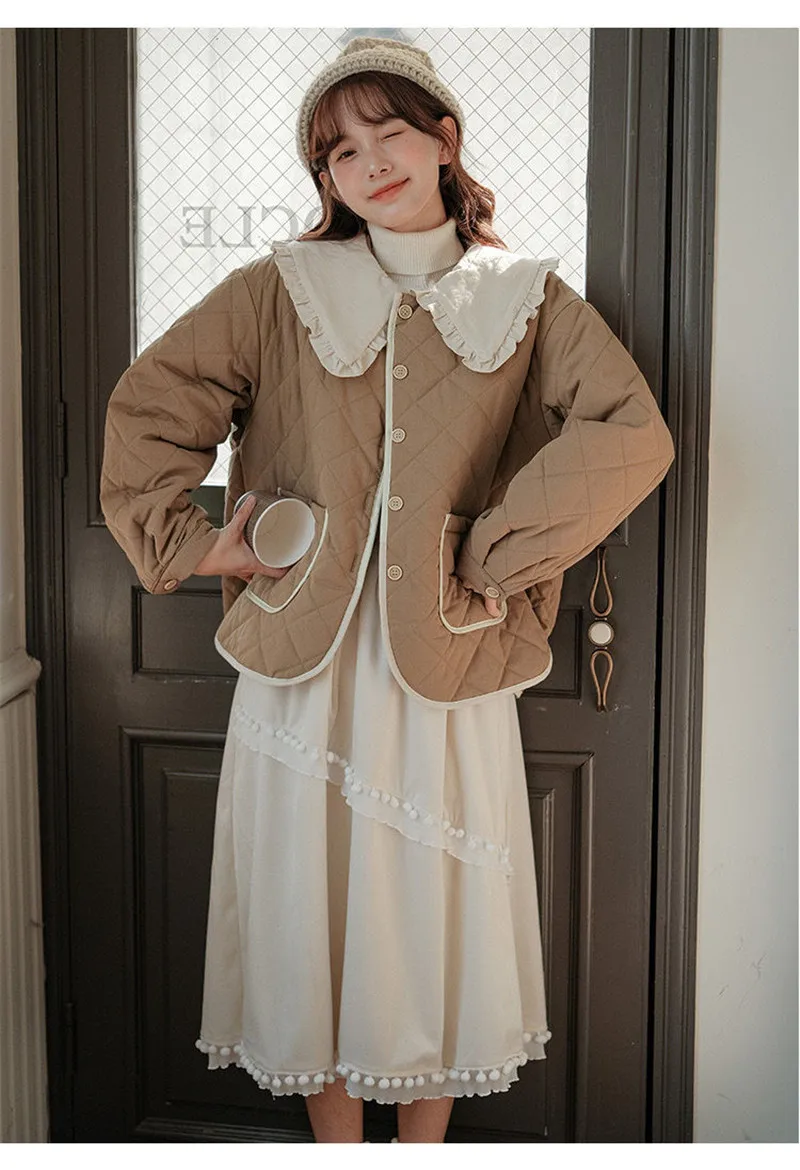 Splicing Doll Collar Women's Cotton Coat 2025 Autumn Winter New Foreign Female Rhombic Design Thick Jacket Warm Velvet Overcoat