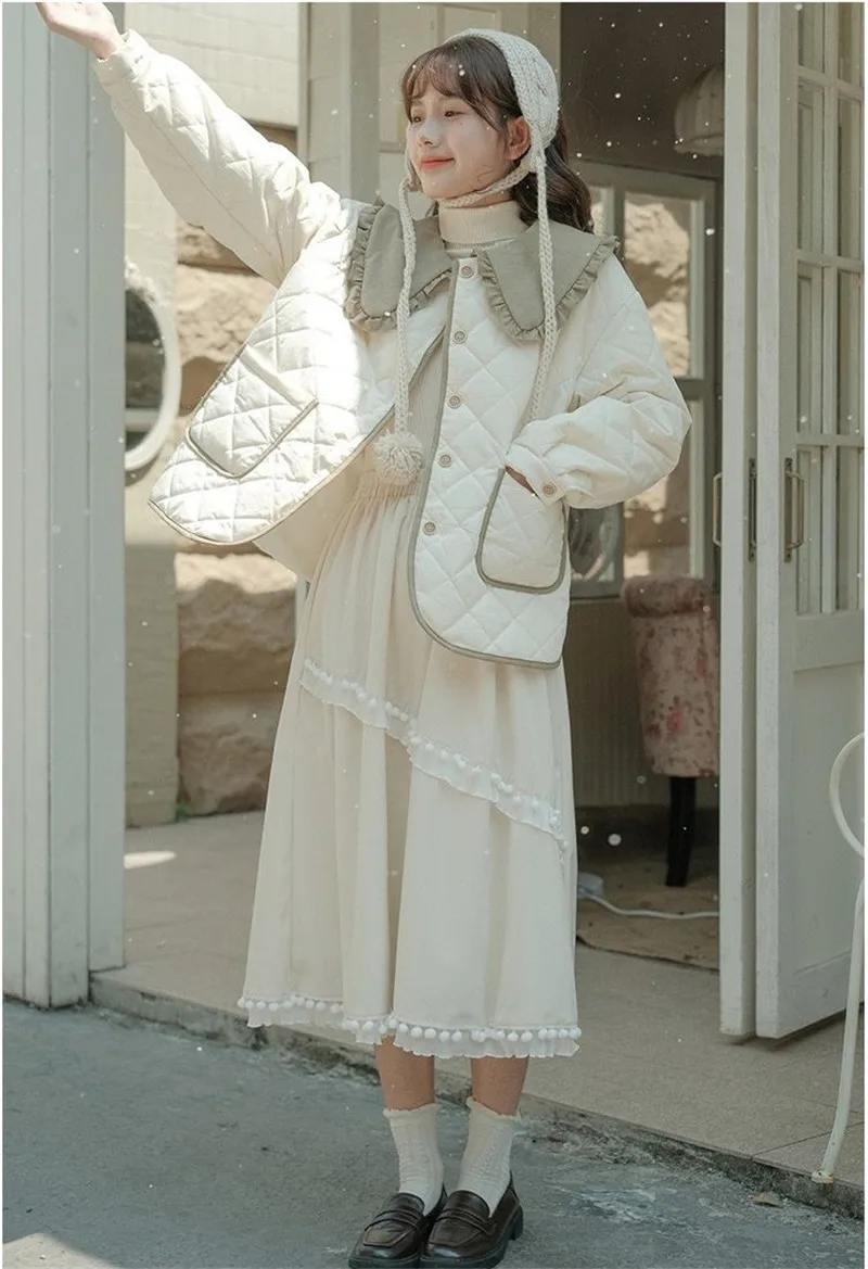Splicing Doll Collar Women's Cotton Coat 2025 Autumn Winter New Foreign Female Rhombic Design Thick Jacket Warm Velvet Overcoat