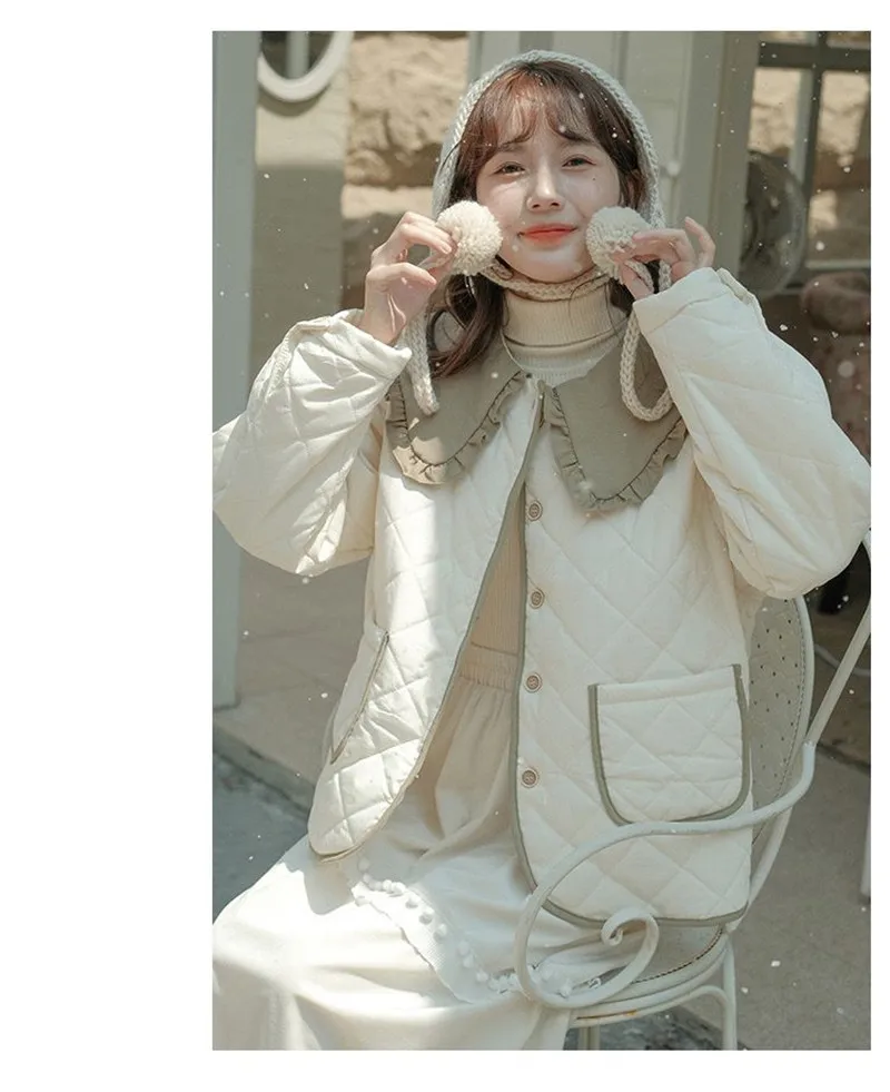 Splicing Doll Collar Women's Cotton Coat 2025 Autumn Winter New Foreign Female Rhombic Design Thick Jacket Warm Velvet Overcoat