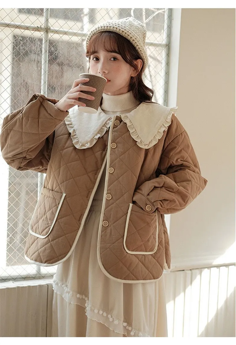 Splicing Doll Collar Women's Cotton Coat 2025 Autumn Winter New Foreign Female Rhombic Design Thick Jacket Warm Velvet Overcoat