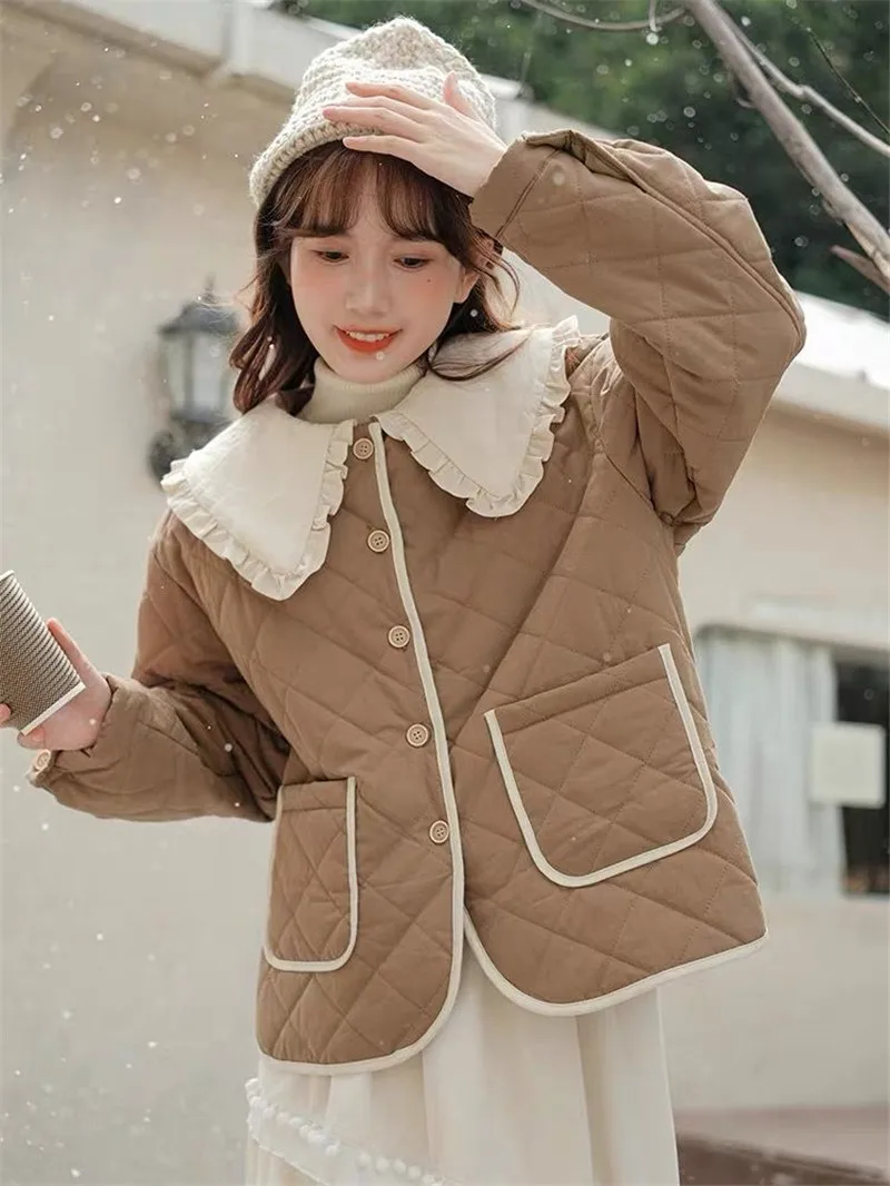 Splicing Doll Collar Women's Cotton Coat 2025 Autumn Winter New Foreign Female Rhombic Design Thick Jacket Warm Velvet Overcoat
