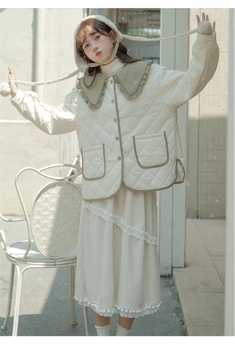 Splicing Doll Collar Women's Cotton Coat 2025 Autumn Winter New Foreign Female Rhombic Design Thick Jacket Warm Velvet Overcoat