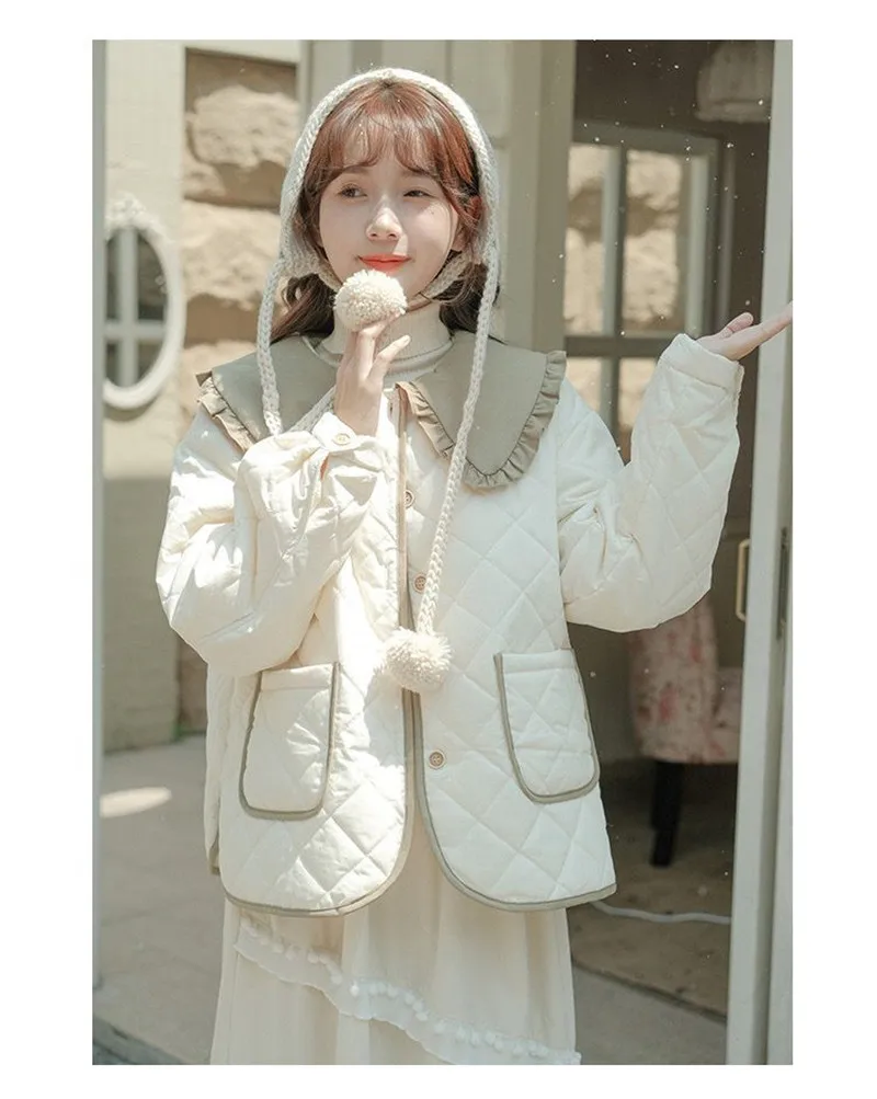 Splicing Doll Collar Women's Cotton Coat 2025 Autumn Winter New Foreign Female Rhombic Design Thick Jacket Warm Velvet Overcoat