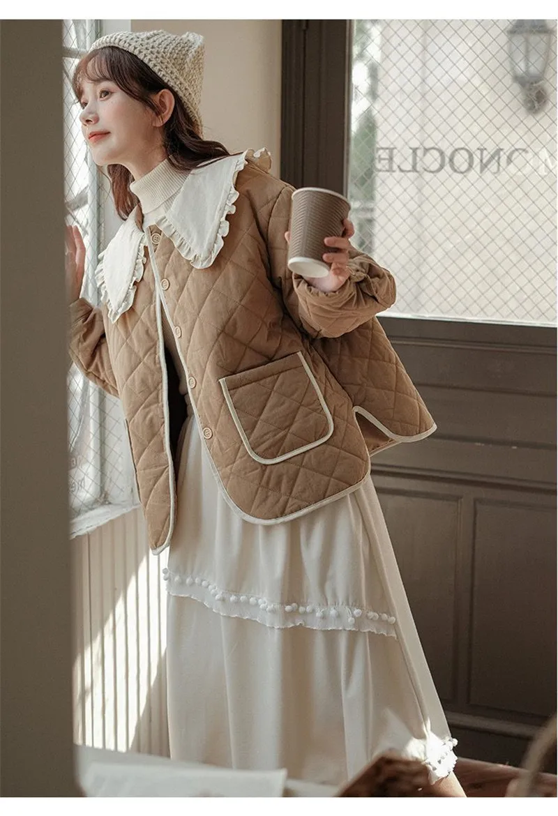 Splicing Doll Collar Women's Cotton Coat 2025 Autumn Winter New Foreign Female Rhombic Design Thick Jacket Warm Velvet Overcoat