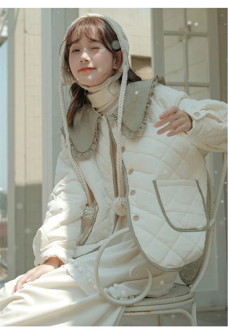 Splicing Doll Collar Women's Cotton Coat 2025 Autumn Winter New Foreign Female Rhombic Design Thick Jacket Warm Velvet Overcoat