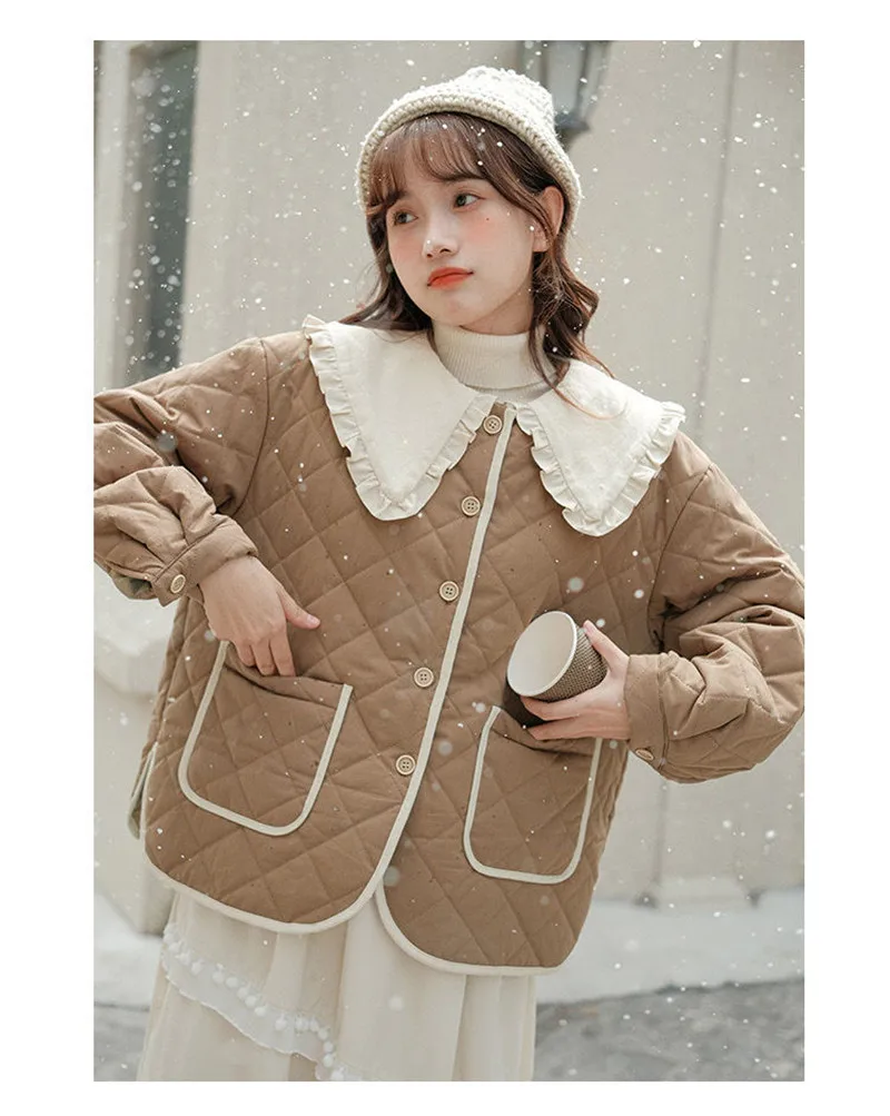 Splicing Doll Collar Women's Cotton Coat 2025 Autumn Winter New Foreign Female Rhombic Design Thick Jacket Warm Velvet Overcoat