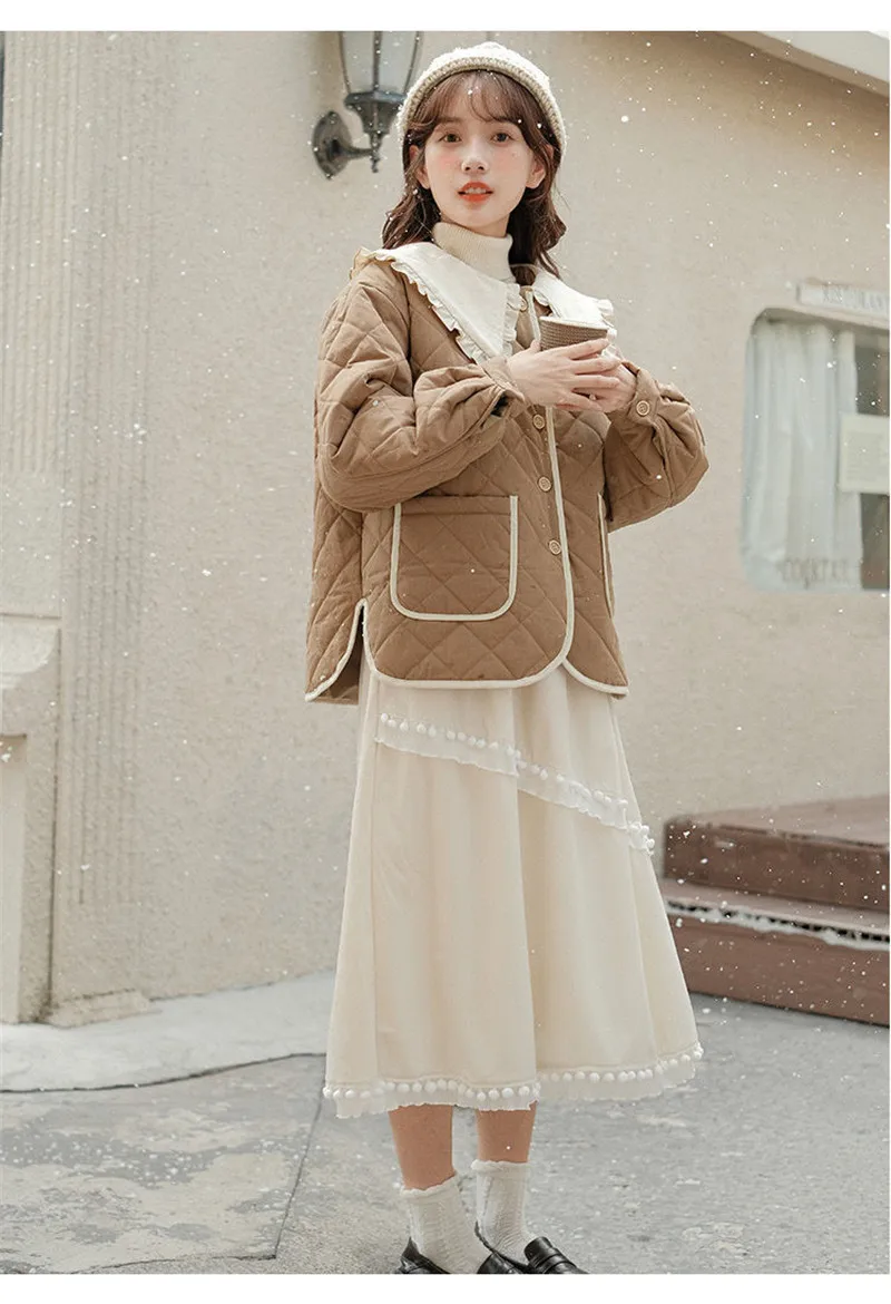 Splicing Doll Collar Women's Cotton Coat 2025 Autumn Winter New Foreign Female Rhombic Design Thick Jacket Warm Velvet Overcoat