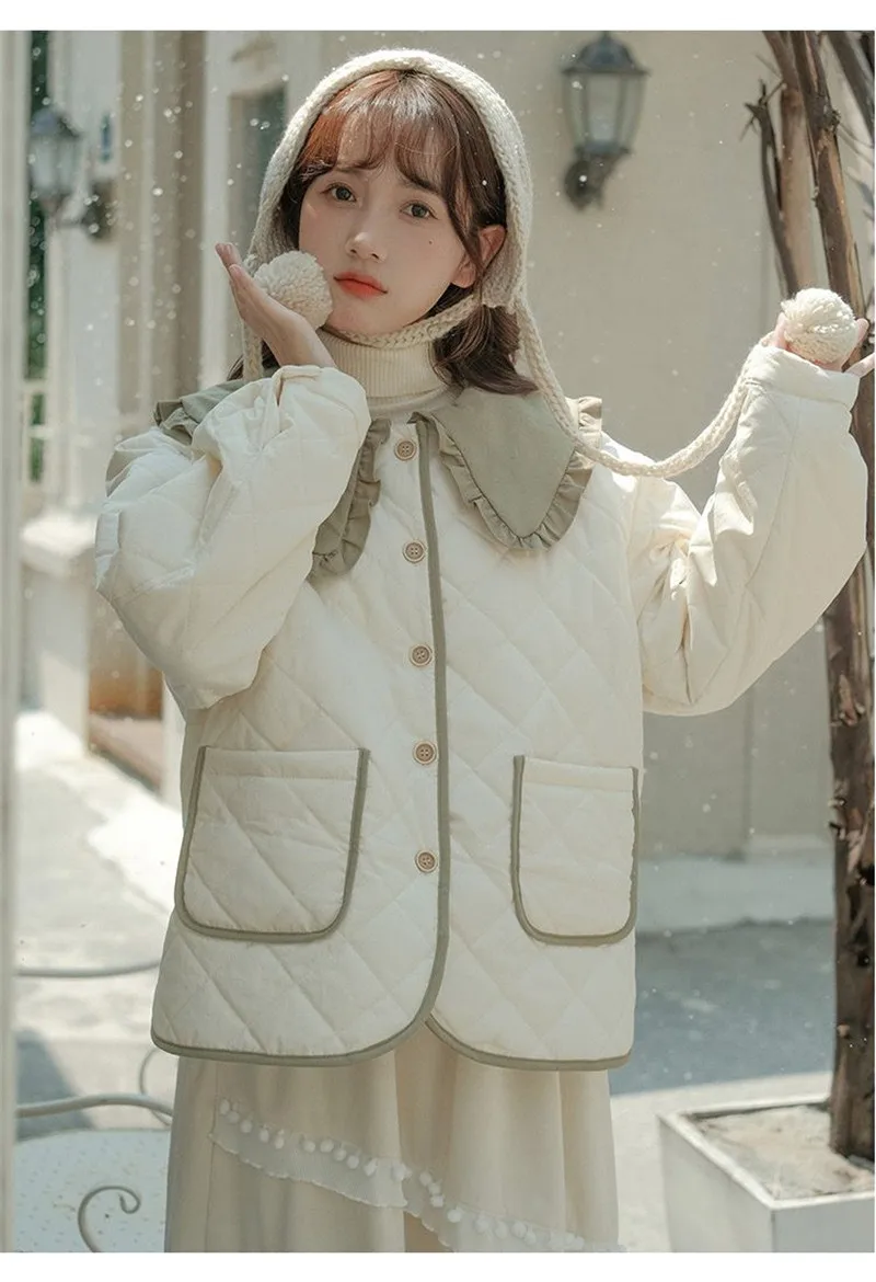 Splicing Doll Collar Women's Cotton Coat 2025 Autumn Winter New Foreign Female Rhombic Design Thick Jacket Warm Velvet Overcoat