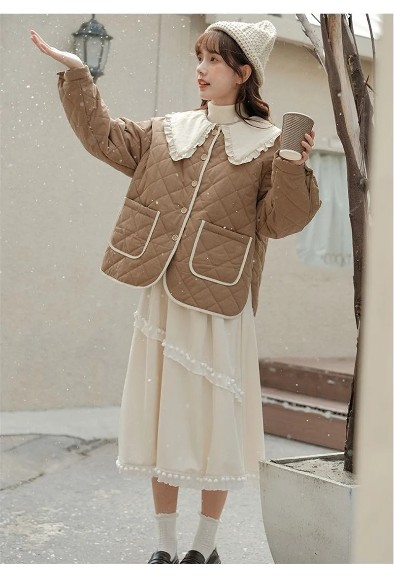 Splicing Doll Collar Women's Cotton Coat 2025 Autumn Winter New Foreign Female Rhombic Design Thick Jacket Warm Velvet Overcoat