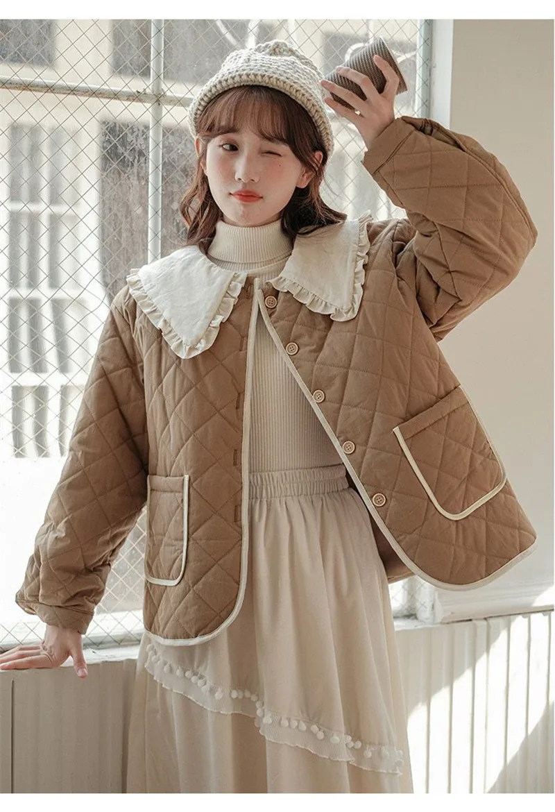 Splicing Doll Collar Women's Cotton Coat 2025 Autumn Winter New Foreign Female Rhombic Design Thick Jacket Warm Velvet Overcoat