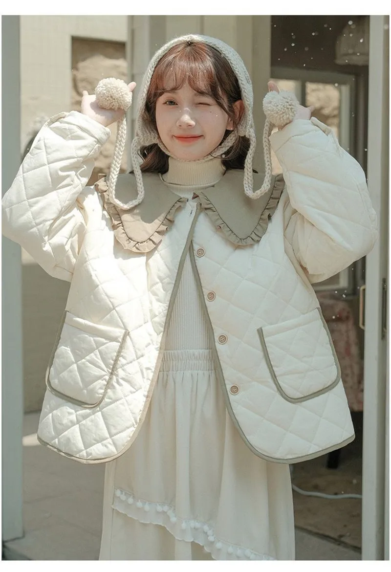 Splicing Doll Collar Women's Cotton Coat 2025 Autumn Winter New Foreign Female Rhombic Design Thick Jacket Warm Velvet Overcoat