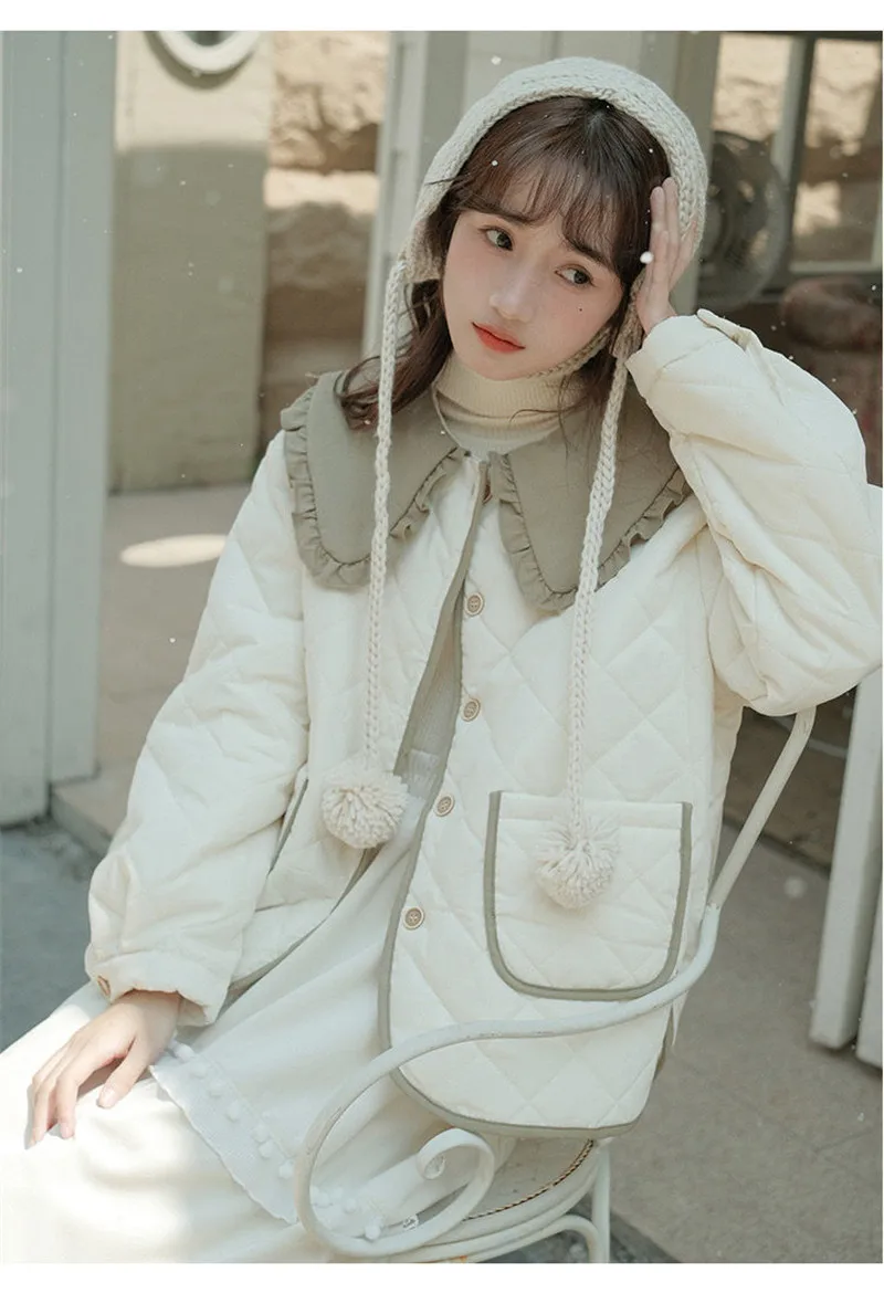 Splicing Doll Collar Women's Cotton Coat 2025 Autumn Winter New Foreign Female Rhombic Design Thick Jacket Warm Velvet Overcoat