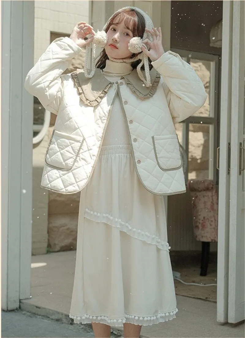 Splicing Doll Collar Women's Cotton Coat 2025 Autumn Winter New Foreign Female Rhombic Design Thick Jacket Warm Velvet Overcoat