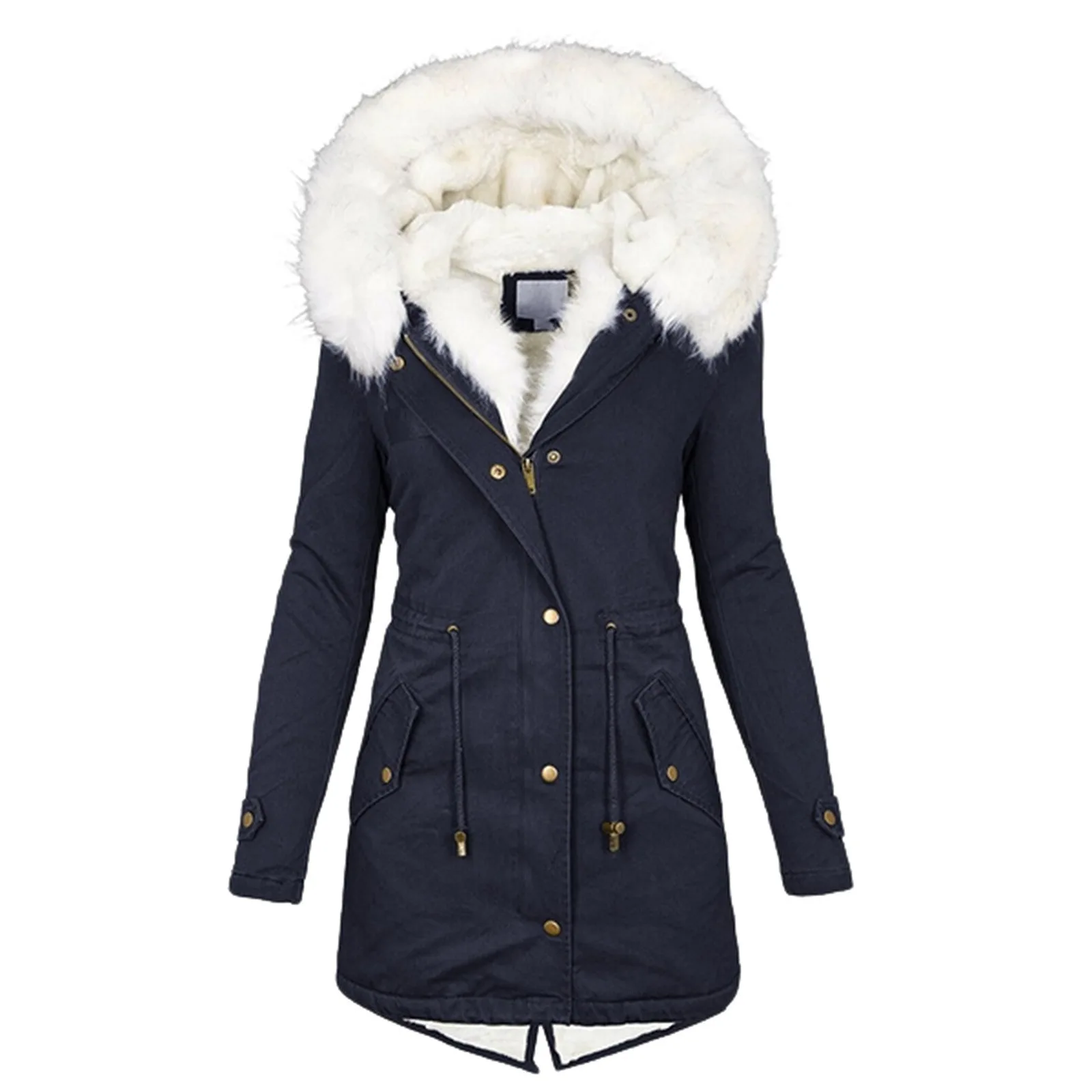 Spliced Fleece Women Parkas Covered Button Parka Zipper Cardigan Outerwear Hooded Long Sleeve Jackets Solid Casual Loose
