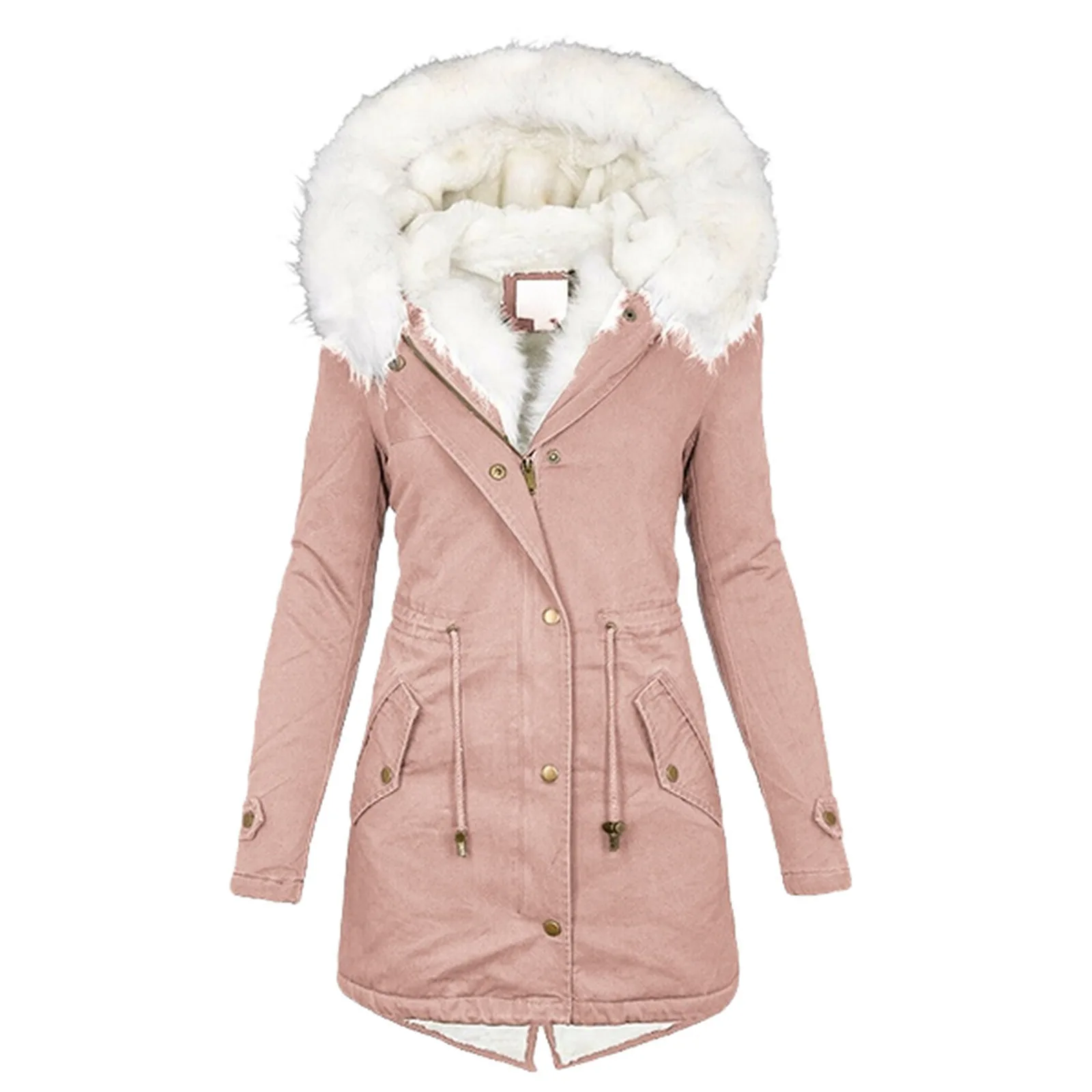 Spliced Fleece Women Parkas Covered Button Parka Zipper Cardigan Outerwear Hooded Long Sleeve Jackets Solid Casual Loose
